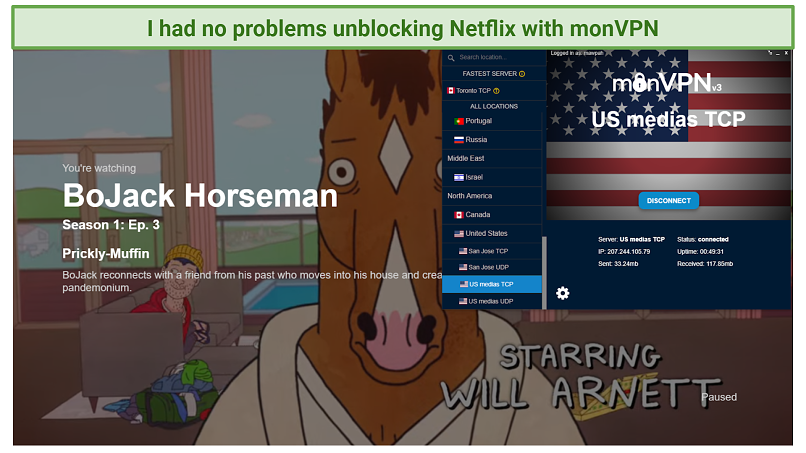 screenshot of Netflix player streaming BoJack Horseman unblocked by monVPN