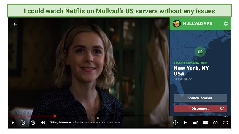 Screenshot showing Mullvad VPN unblocking US Netflix