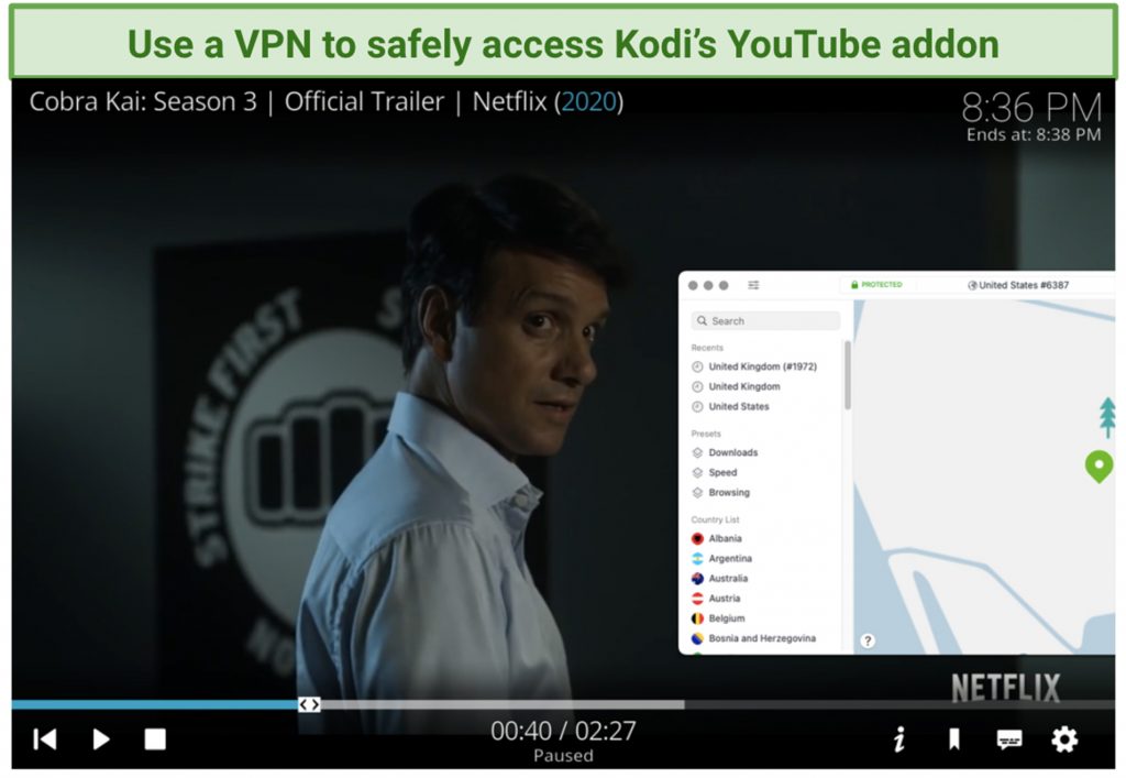 screenshot of kodi player with youtube addon and nordvpn interface