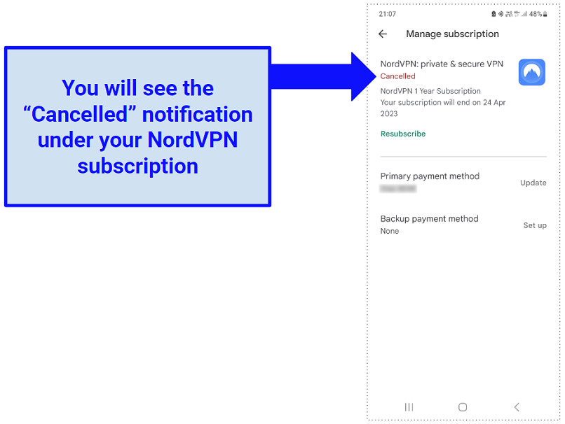 Google Play Store के एक स्क्रीनशॉट से पता चलता है कि NordVPN रद्द कर दिया गया है