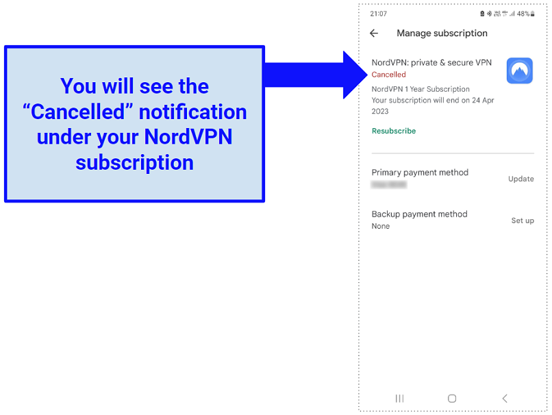 A screenshot of the Google Play Store showing that NordVPN has been canceled