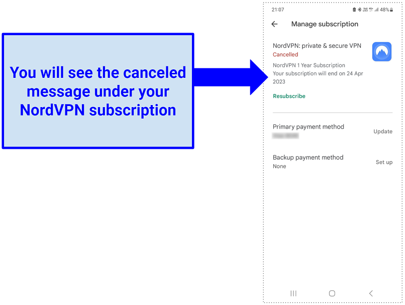 Google Play Store'un NordVPN'nin iptal edildiğini gösteren bir ekran görüntüsü