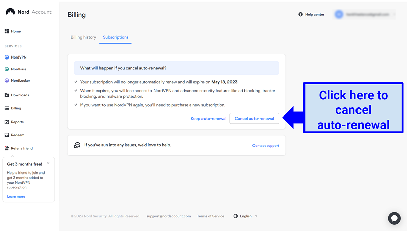 NordVPN बिलिंग पेज का एक स्क्रीनशॉट, ऑटो-नवीनीकरण को रद्द करने के तरीके को उजागर करता है।