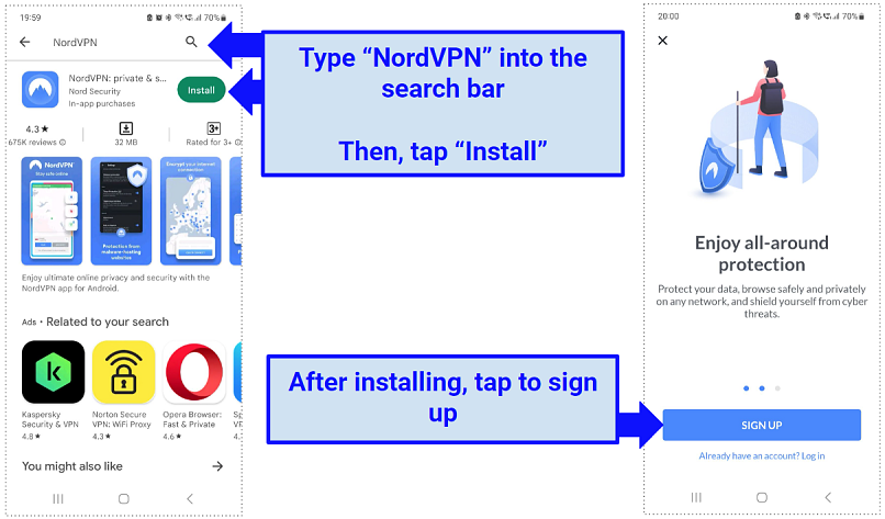 एक स्क्रीनशॉट दिखा रहा है कि Google Play Store पर NordVPN कैसे खोजें