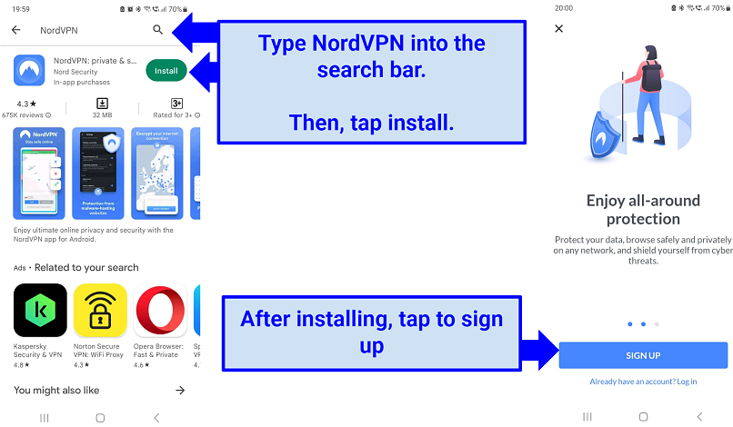 Google Play Store'da NordVPN'nin nasıl bulunacağını gösteren bir ekran görüntüsü