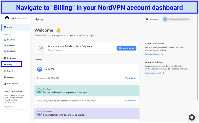 Faturalandırma sayfasını vurgulayan NordVPN hesap alanının ekran görüntüsü