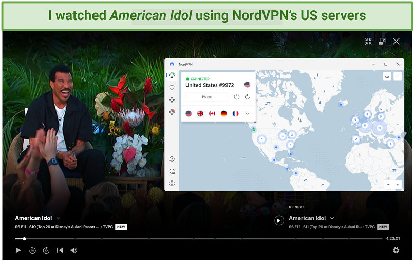 A screenshot showing NordVPN unblocking American Idol.