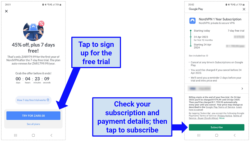 A screenshot showing the NordVPN free trial registration process on Android