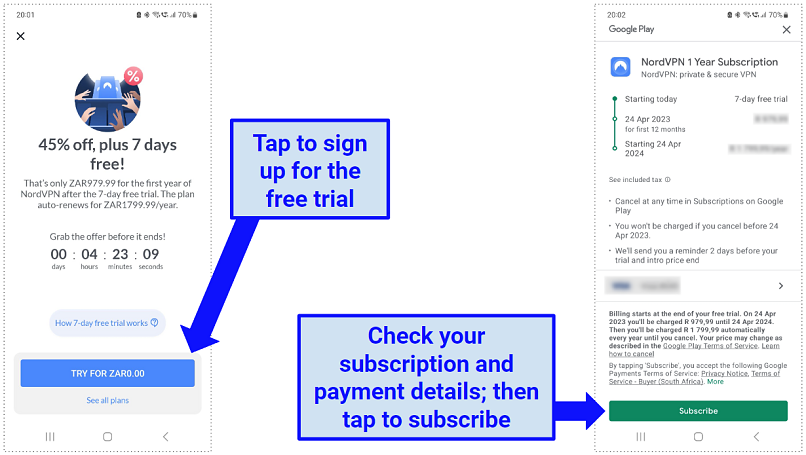 Android पर NordVPN नि: शुल्क परीक्षण पंजीकरण प्रक्रिया दिखाने वाला एक स्क्रीनशॉट