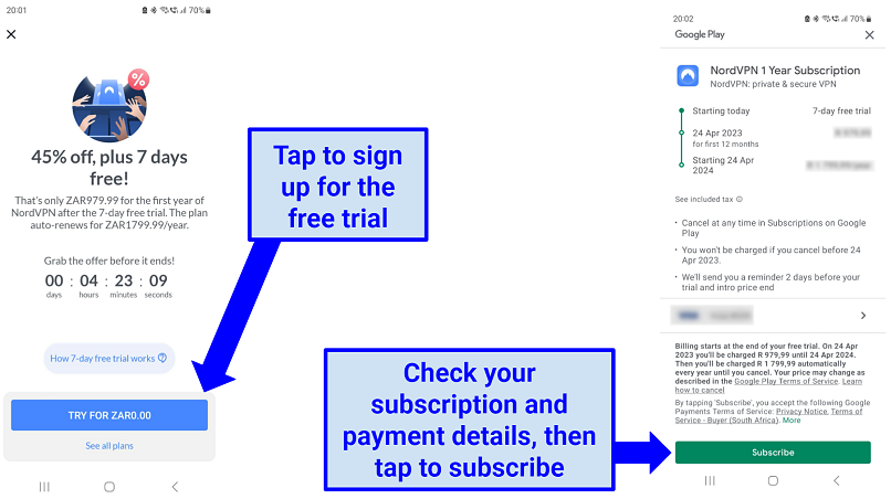 Android'de NordVPN ücretsiz deneme kayıt sürecini gösteren bir ekran görüntüsü