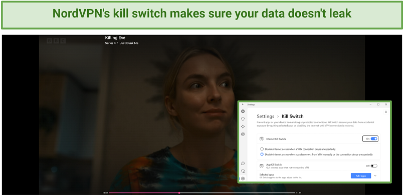 Screenshot of Killing Eve episode on BBC iPlayer accessed via NordVPN