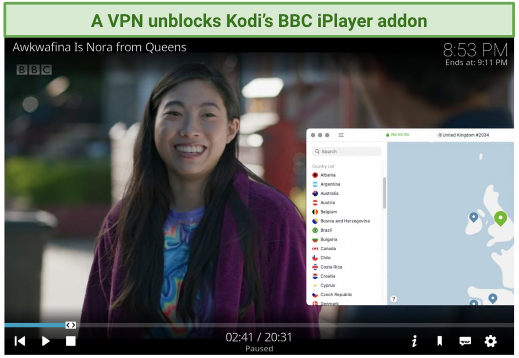 screenshot of kodi player streaming a bbc iplayer show