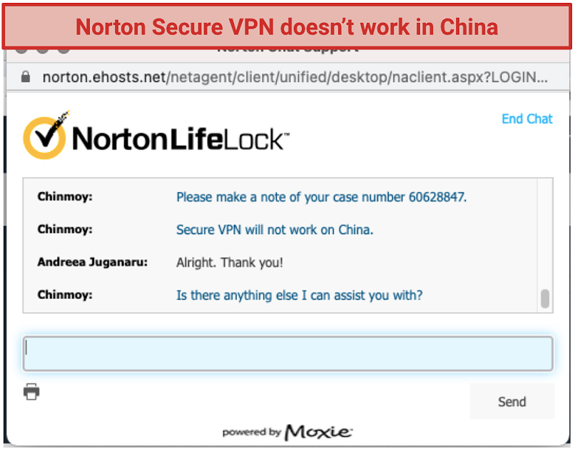 screenshot of norton secure vpn's live chat support