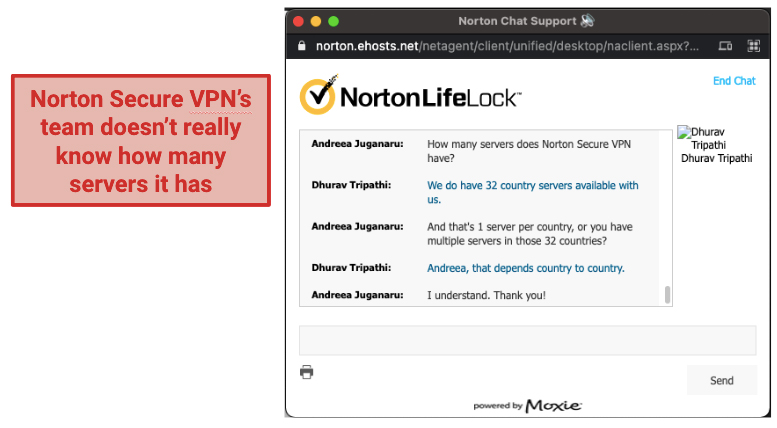 screenshot of Norton Secure VPN's live chat
