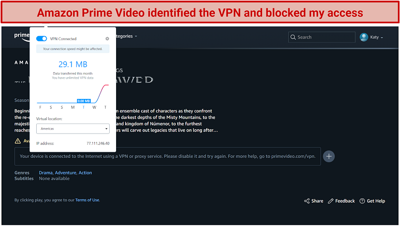 graphic showing OperaVPN failing to unblock Amazon Prime Video