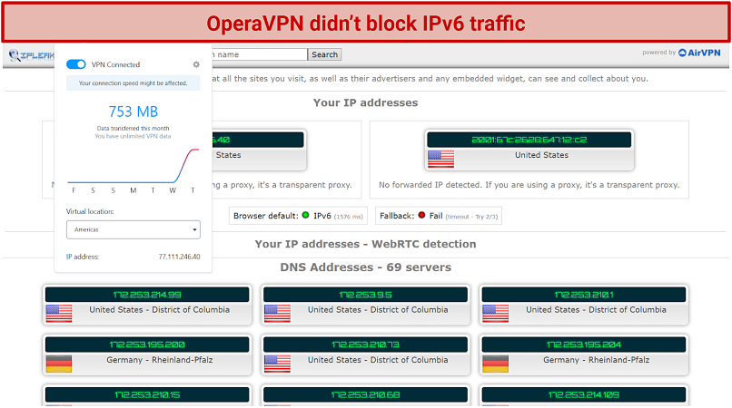graphic showing OperaVPN's DNS leak test results