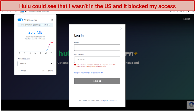 graphic showing OperaVPN failing to unblock Hulu