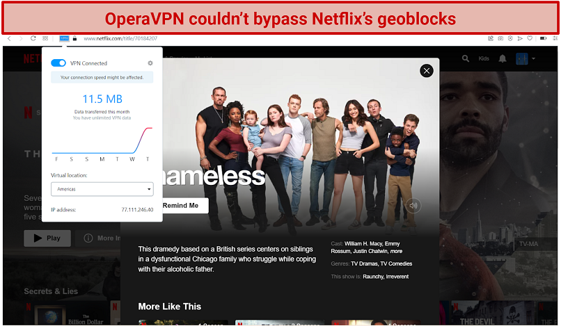 graphic showing OperaVPN failing to unblock Netflix