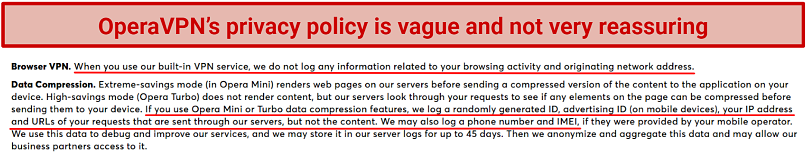 graphic showing OperaVPN's privacy policy