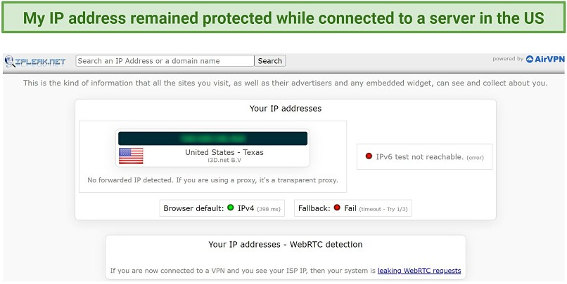 A snapshot showing IP leak test results while connected to Perfect Privacy VPN