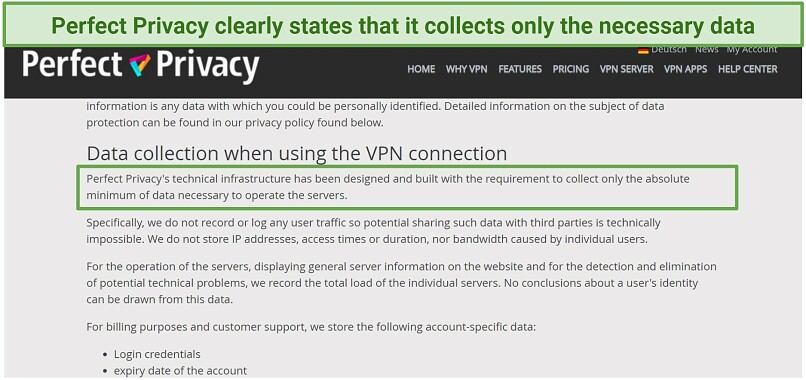 A screenshot showing a snapshot of Perfect Privacy's privacy policy stating that it collects minimal data.