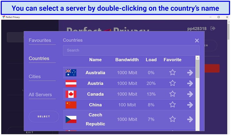 A screenshot showing how to access servers on the Perfect Privacy app