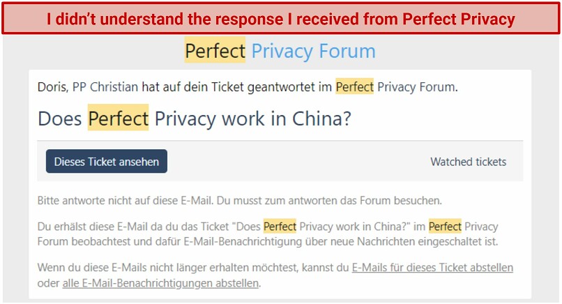 A screenshot of a response received from Perfect Privacy ticketing support