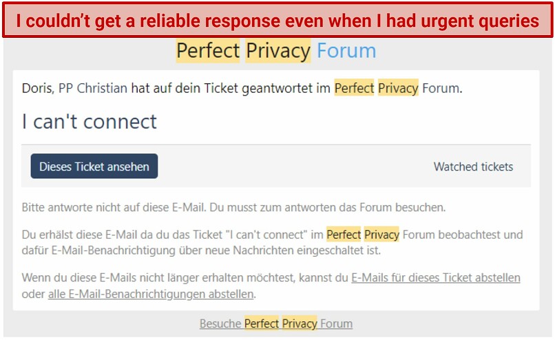 Screenshot of an automated response from Perfect Privacy's ticketing system