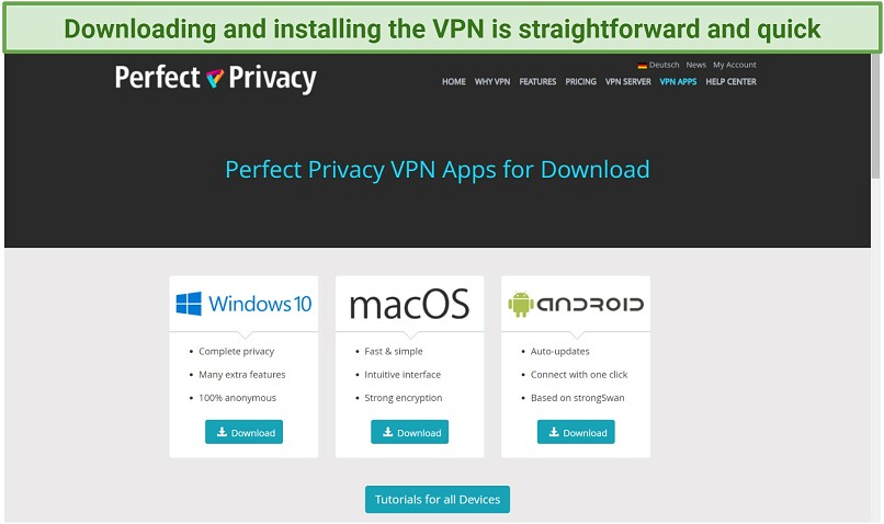 Screenshot of Perfect Privacy's download page on its website