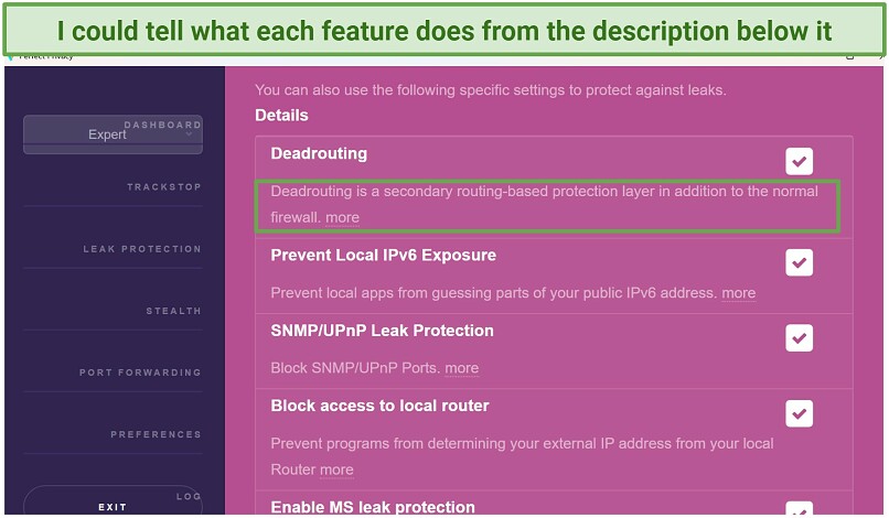 A screenshot showing how each feature is described in Perfect Privacy's desktop apps.