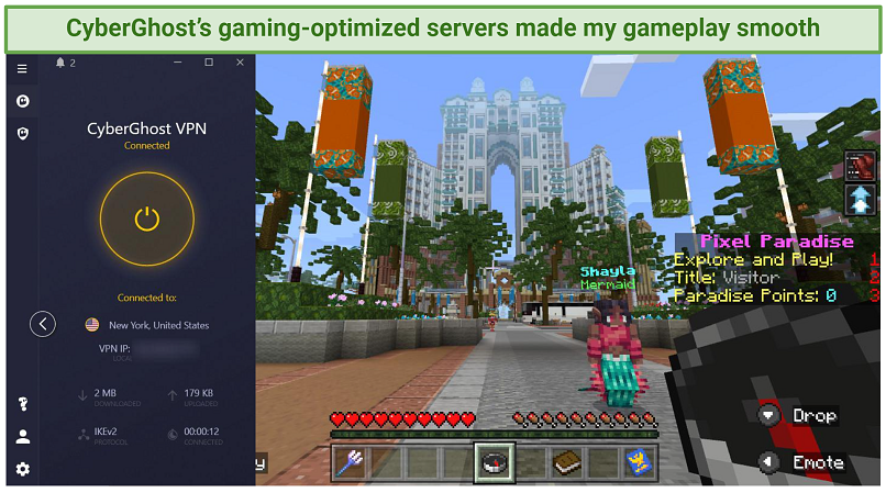 A screenshot showing Minecraft while connected to CyberGhost