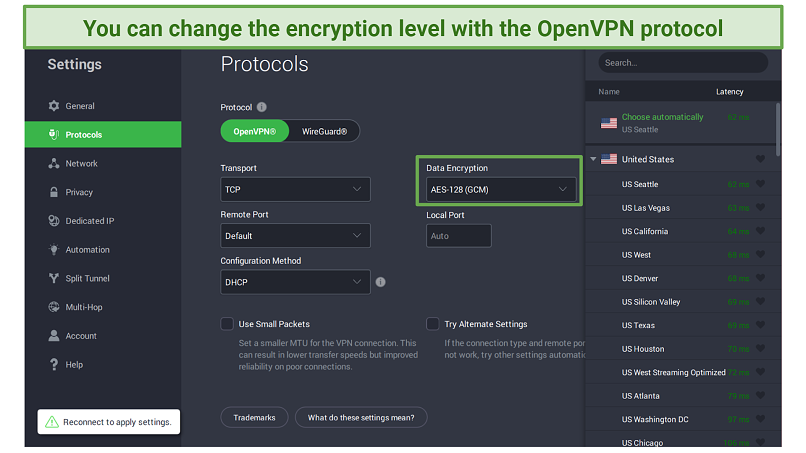 Screenshot of Private Internet Access Protocols menu where you can change encryption levels