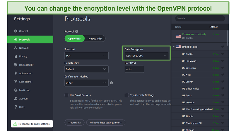 Screenshot del menu dei protocolli di accesso a Internet privato in cui è possibile modificare i livelli di crittografia