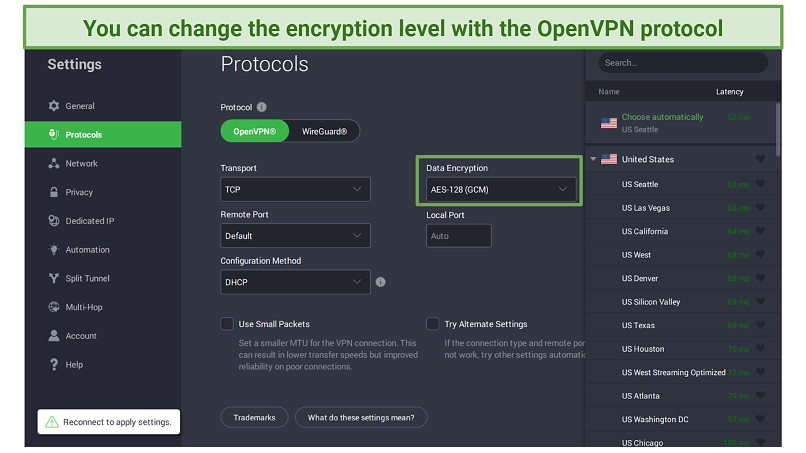 Captura de pantalla del menú privado de protocolos de acceso a Internet donde puede cambiar los niveles de cifrado