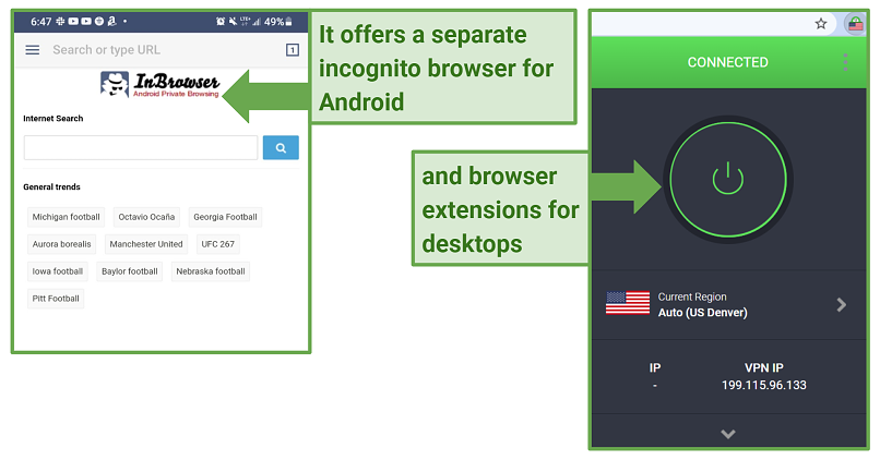 Screenshot di InBrowser e accesso a Internet privato