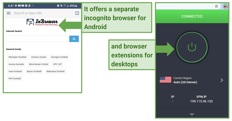 Captura de pantalla de Inbrowser y acceso privado a Internet