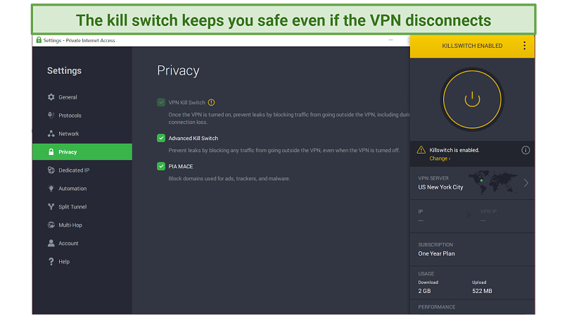 Screenshot of the kill switch options in the Private Internet Access Windows app