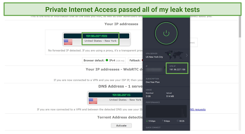 Screenshot dei test di perdite eseguiti su ipleak.net mentre sono connessi all'accesso privato a Internet