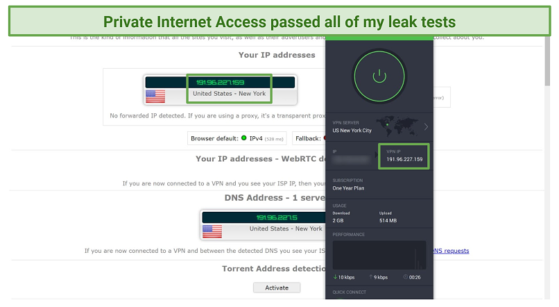 لقطة شاشة من اختبارات التسرب التي أجريت على ipleak.net أثناء توصيلها بالوصول إلى الإنترنت الخاص