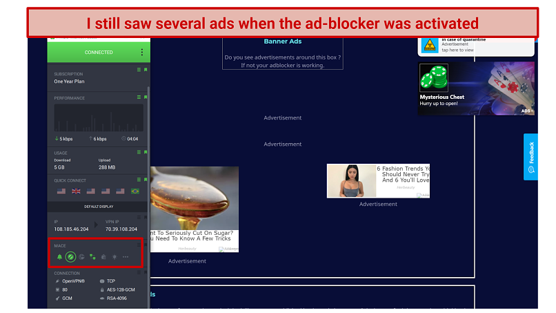 Screenshot of Can You Block It? site accessed while connected to Private Internet Access with MACE ad-blocker activated