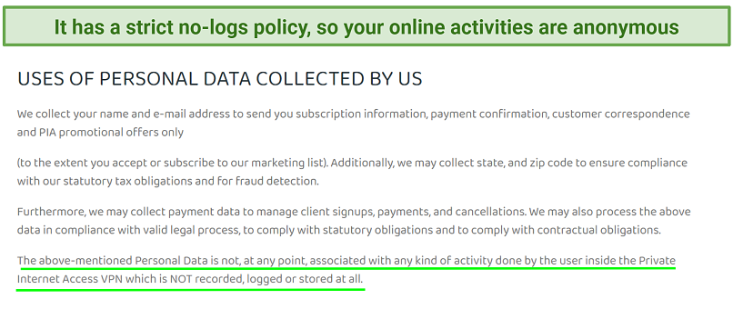 Screenshot di accesso privato a Internet