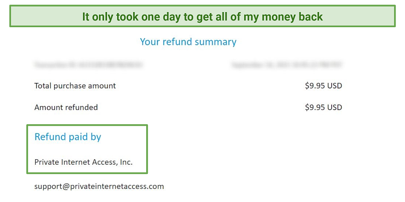 Screenshot of a refund issued by Private Internet Access