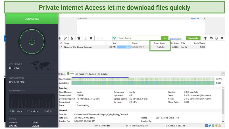Screenshot di UTorrent Download Night of the Living Dead mentre è connesso all'accesso privato a Internet