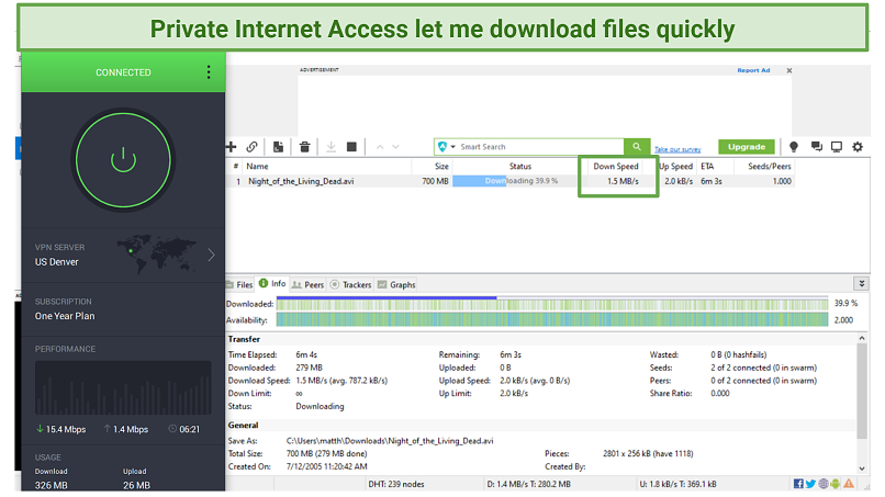 ภาพหน้าจอของ Utorrent ดาวน์โหลด Night of the Living Dead ในขณะที่เชื่อมต่อกับการเข้าถึงอินเทอร์เน็ตส่วนตัว