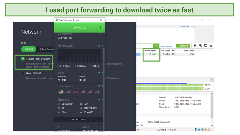 Screenshot of Private Internet Access with port forwarding on while downloading Night of the Living Dead with Utorrent