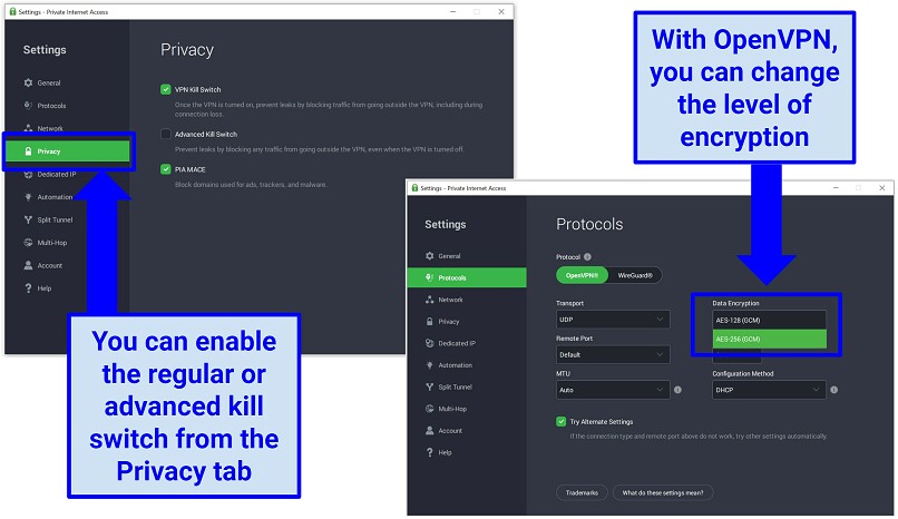 A screenshot showing PIA's security customization options on its Windows app