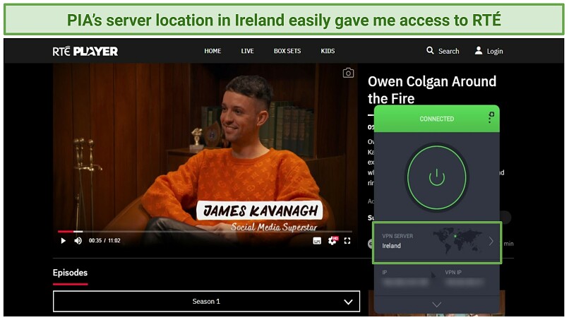A screenshot showing that PIA unblocked RTE Player with its Irish server location
