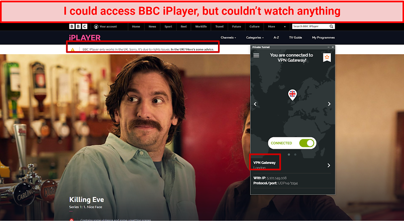 Screenshot of BBC iPlayer error-message while connected to Private Tunnel's UK server