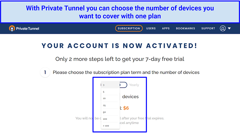 Screenshot of Private Tunnel's sign up page and the options to choose a subscription plan and number of devices you want to cover