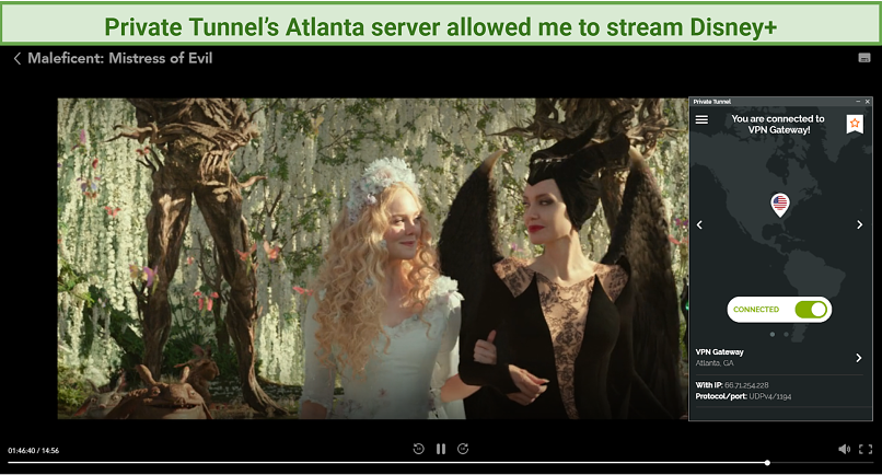 Screenshot of Maleficent streaming on Disney+, unblocked with Private Tunnel's Atlanta server